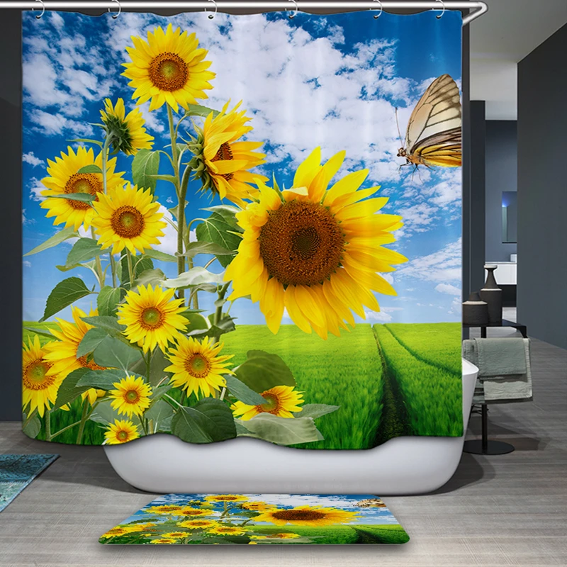 

Custom Polyester Fabric Shower Curtain Pastoral style Yellow Sunflower Flower Pattern Thicken Waterproof Bath Curtain With hooks