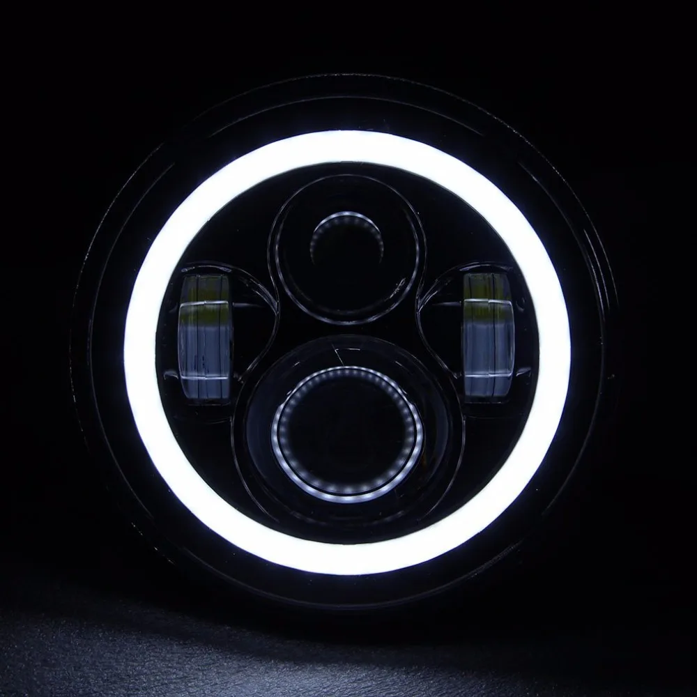 Pair Harley JK Wrangler TJ 7 Inch Round LED Headlight White Halo Angel Eye DRL Yellow