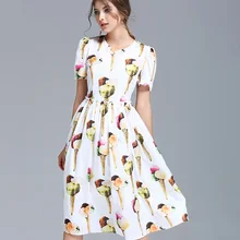 Новинка, весенне-летнее модное женское повседневное милое платье до колена с коротким рукавом, белые платья с принтом мороженого