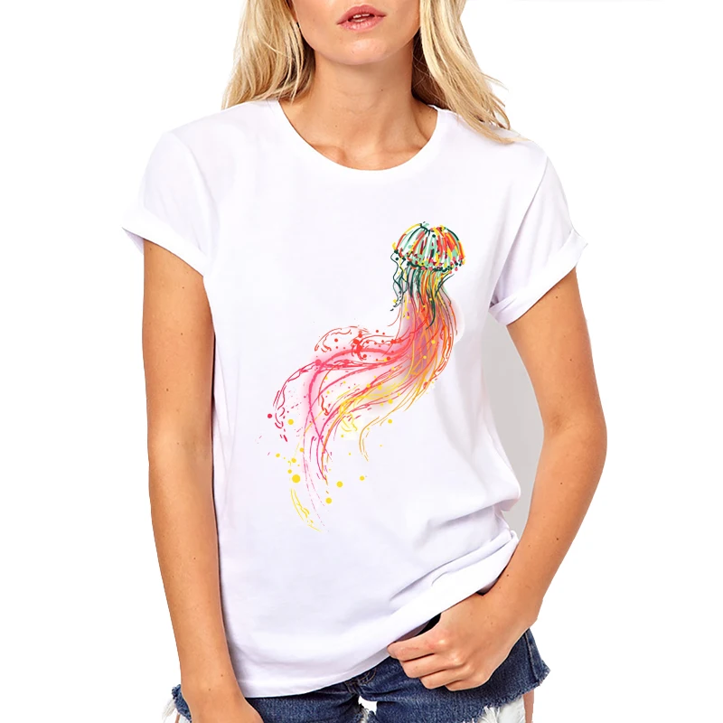 

Summer new fashion popular Neon Jellyfish printed T-shirt women casual t-shirt brand fashion white shirt cool tops