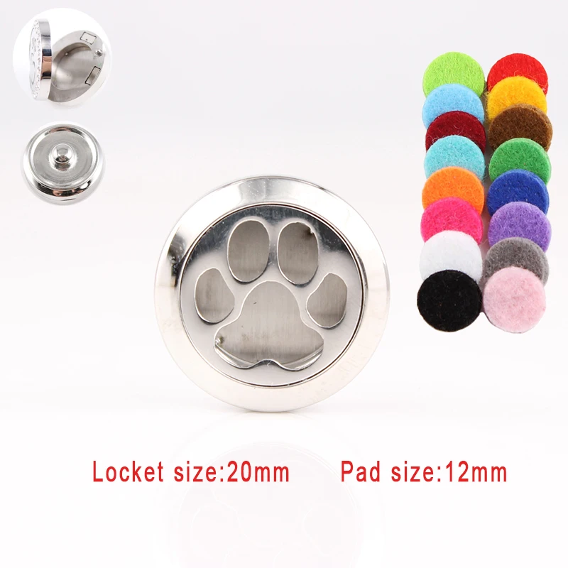

20mm Stainless Steel Dog Lover Paw Aromatherapy Essential Oil Diffuser Locket Snap Button Jewelry (free 10pcs Felt Pads)