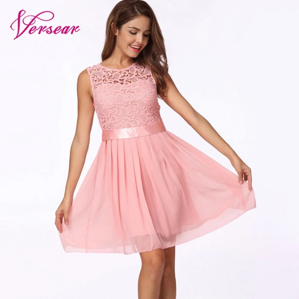 

Versear Plus Size Women Summer Dress Hollow Out Sleeveless Chiffon Lace Elegant Sundress 2019 Fashion Bridesmaid Party Dresses