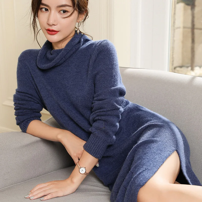 Koop Vrouwen Trui Jurken 100% Pashmina Breien Jumpers Coltrui Lange Stijl Dikke Truien Winter Nieuwe Aankomst Pure Kasjmier Tops