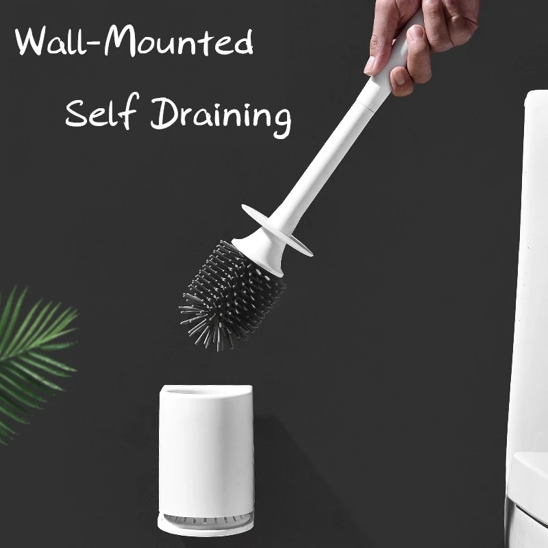 Toilet Brush with Wall Mounted Base Soft TPR Bristle Modern Design Self Draining Bathroom Bowl Drain WC Cleaning Kit Set | Обустройство