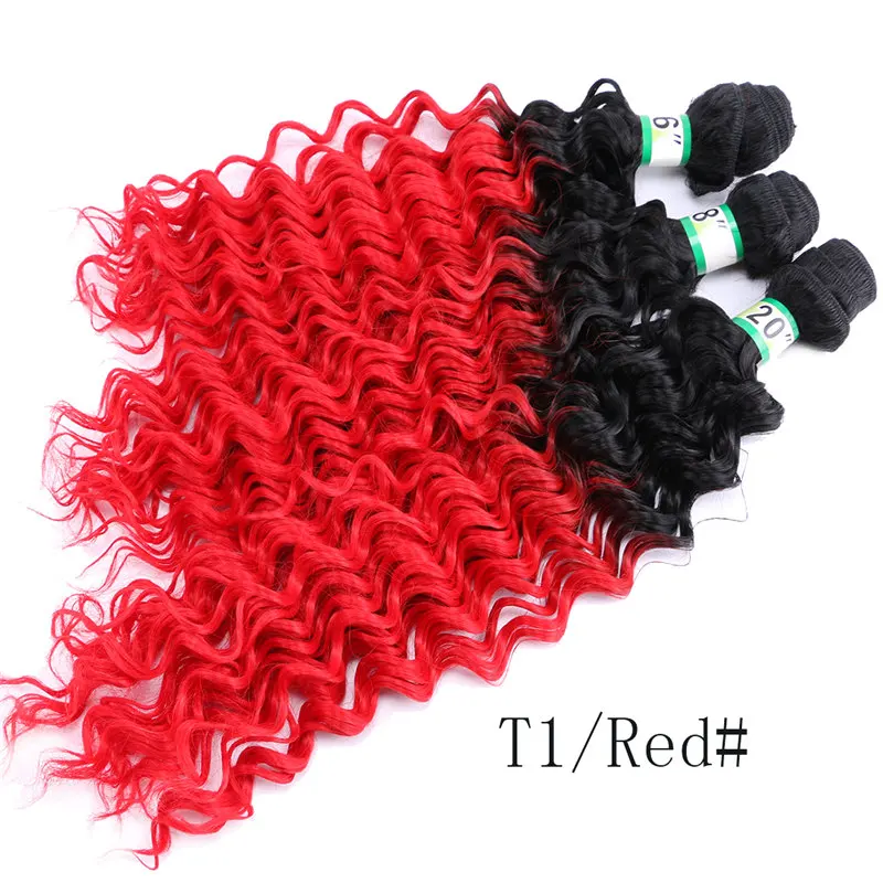 Черный и красный два тона Омбре глубокая волна термостойкие синтетические волосы для наращивания 3 шт./партия - Цвет: T1B/красный