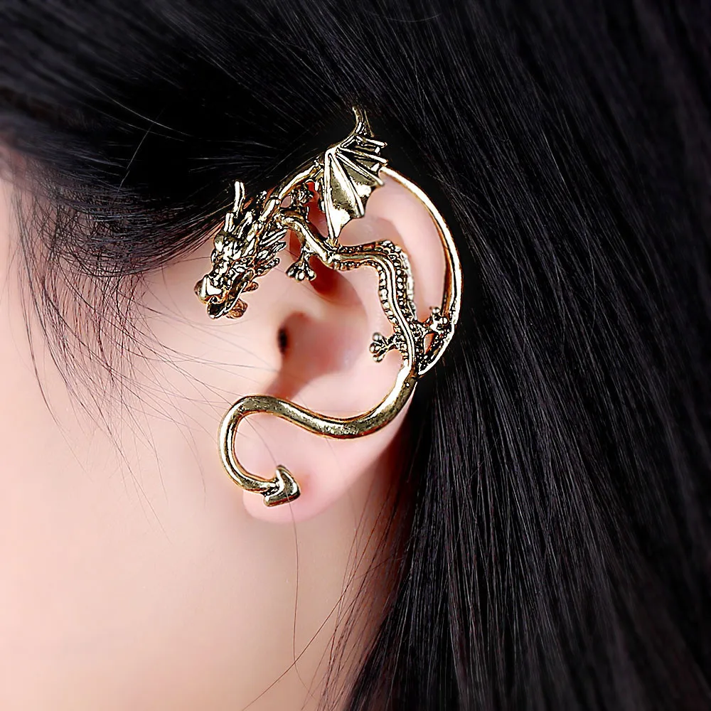 Женские манжеты в готическом стиле панк с драконом, покрытые бронзой, серебром, черными ушками, 1 шт. на левое ухо