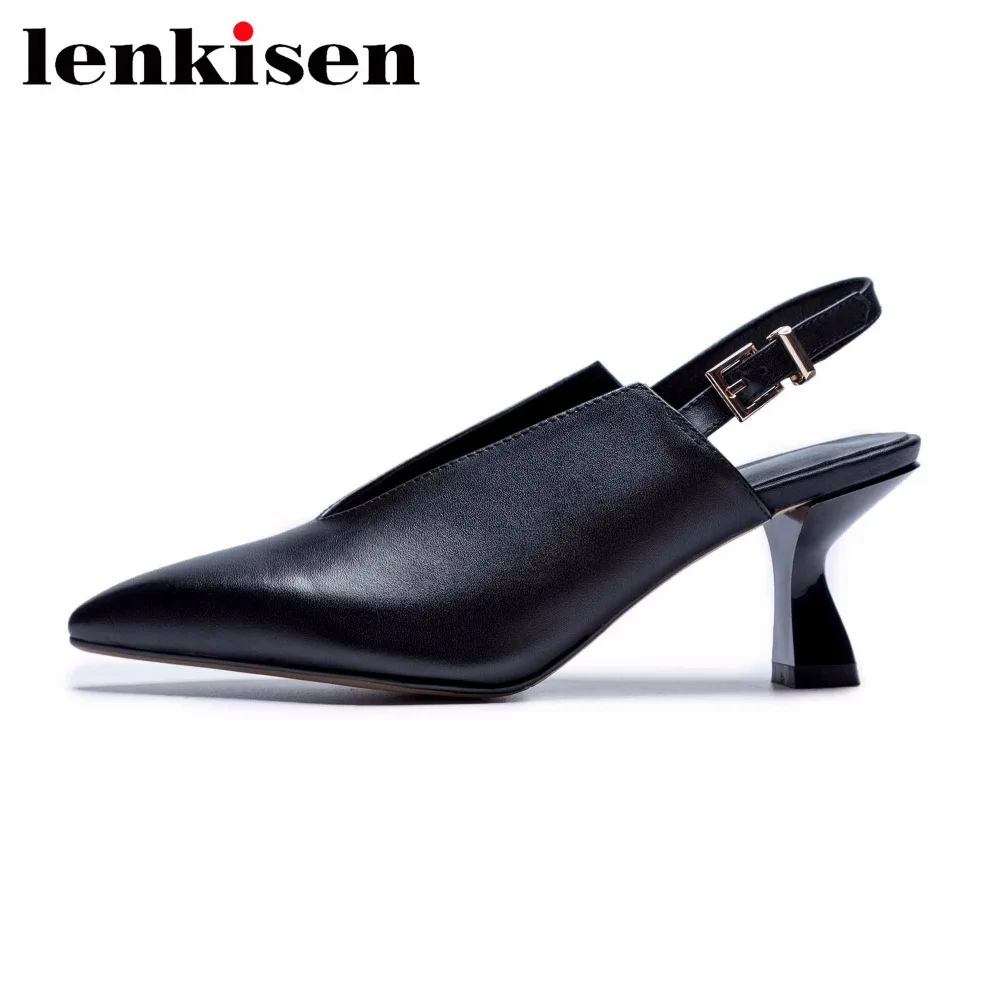 

Lenkisen soft genuine leather pointed toe solid buckle strap luxury features mature women high strange heels slingback pumps L79