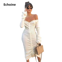 Women Off Shoulder Sexy Bodycon Party Dresses Long Sleeve Drawstring Pencile Elegant Midi Dress Ribbed Knit Vestidos Woman blue sexy off shoulder over layer ribbed midi dress