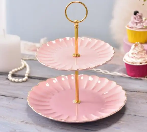 pink Деликатная керамическая тарелка чайные тарелки для закусок двухслойный фруктовый лоток для торта кастрюля тарелка - Color: pink