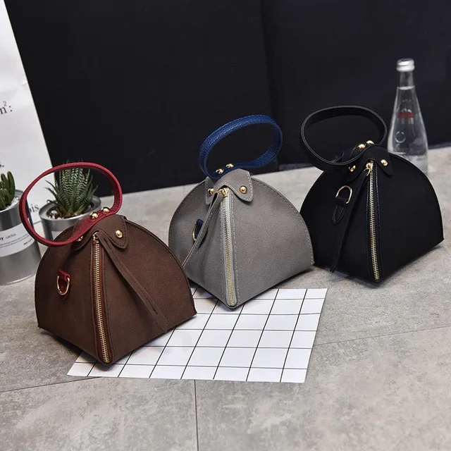 

New Trendy Fashion PU Leather Scrub Solid Triangle Zongzi Wristlets Mini Clutches Tote Shoulder & Crossbody Bags 1 Piece