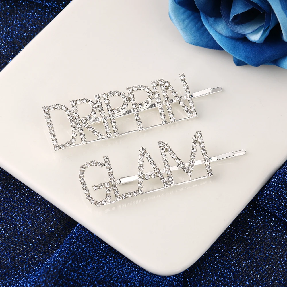 

2019 Fashion Hair Clip Women Crystal Hairpin Shiny Rhinestones GLAM DRIPPIN Letters Hair Accessories for Ladies Girls