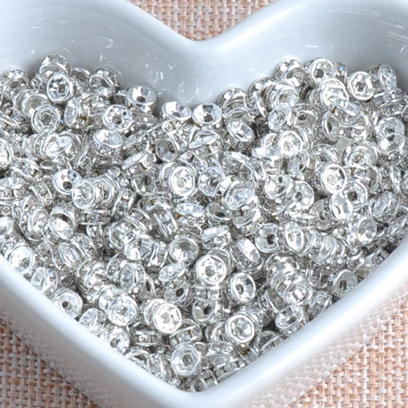 6mm White Metal Silver Plated Crystal Rhinestone Rondelle Spacer Beads