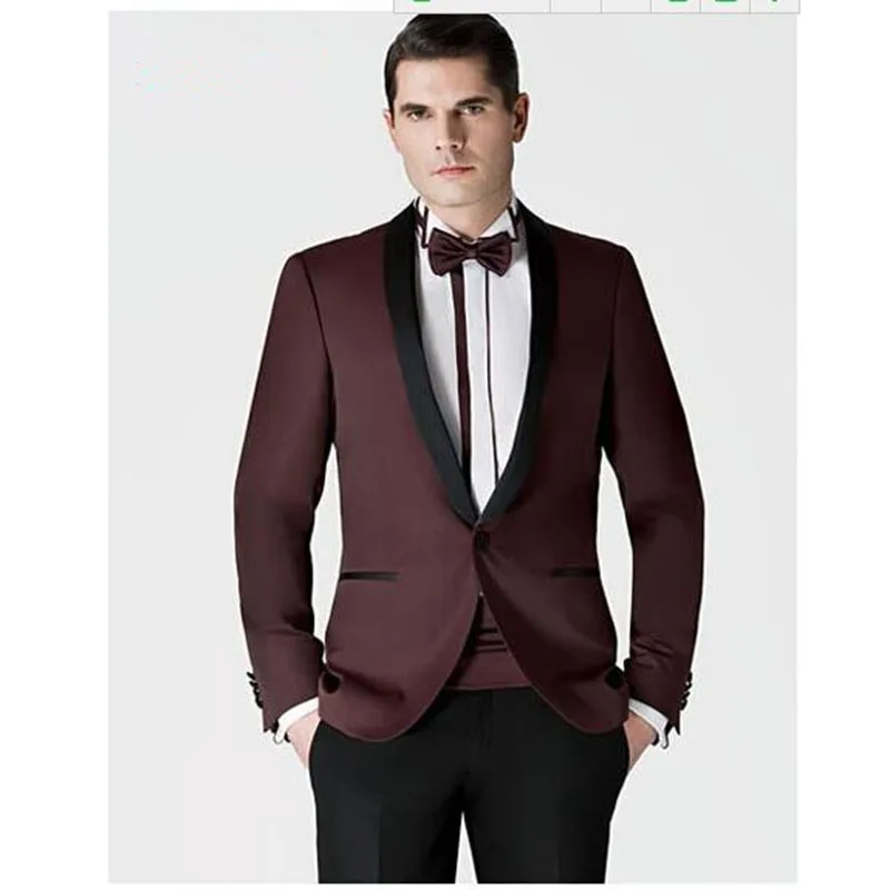Custom made burgundy mens Wine Red Groom suit smoking terno masculino