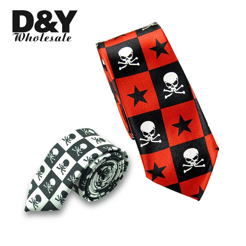 Men`s Tie 2 Inch Wide Fashion Star Cross Bone White Skull Red Black Necktie Polyester Woven Classic Gift Cravat Shirts New Good