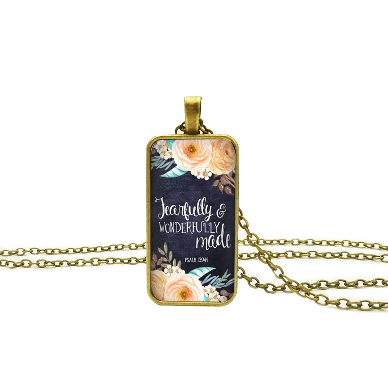 

2019 New Bible Verse Necklace Boho Flower Rectangle Glass Pendant Necklaces For Women Christian Faith Scripture Psalm Jewelry