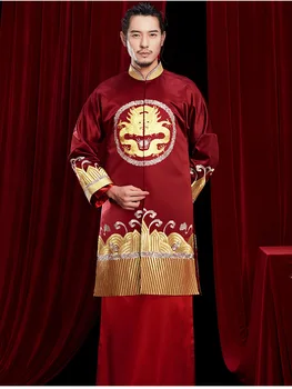 

New Groom Vintage Loose Cheongsam Traditional Chinese Wedding Gown Satin Qipao Embroidery Dragon Costume Vestido Oriental Mens