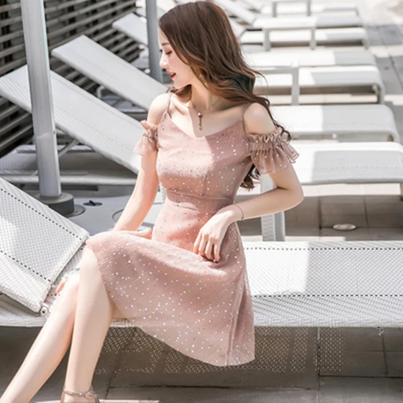 

2019 Summer Beach Mini Dress Women Off Shoulder Party Sexy Dress Backless Sequin Women's Dresses Korean Vestido Mujer KJ1867