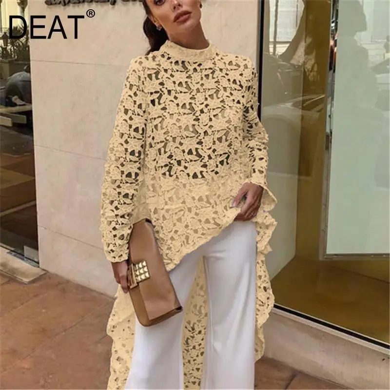 

DEAT 2019 New Summer Fashion Autumn Round Neck Full Sleeves Lace Hollow Out Asymmetrical Pullover Female Clothes BF21108XL