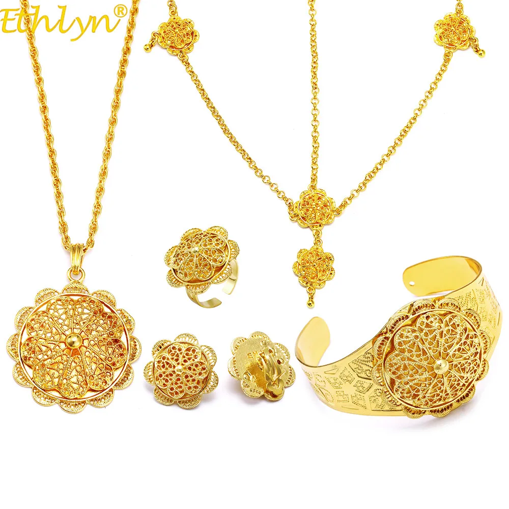 Ethlyn уникальный комплект эфиопских украшений 5 шт. заявка на цвет золота Подвески Кулон женские свадебные украшения ожерелье EarringS320