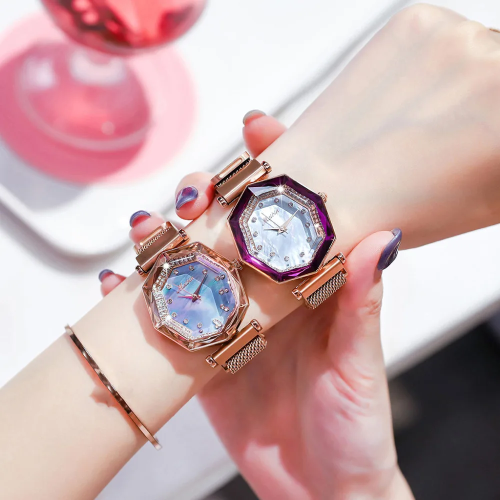 

Luxury Brand Women Watches Mesh Belt Magnet Starry Sky Wrist Watch Irregular Rhinestone Dial Ladies Watch Quartz Clock Kol Saati