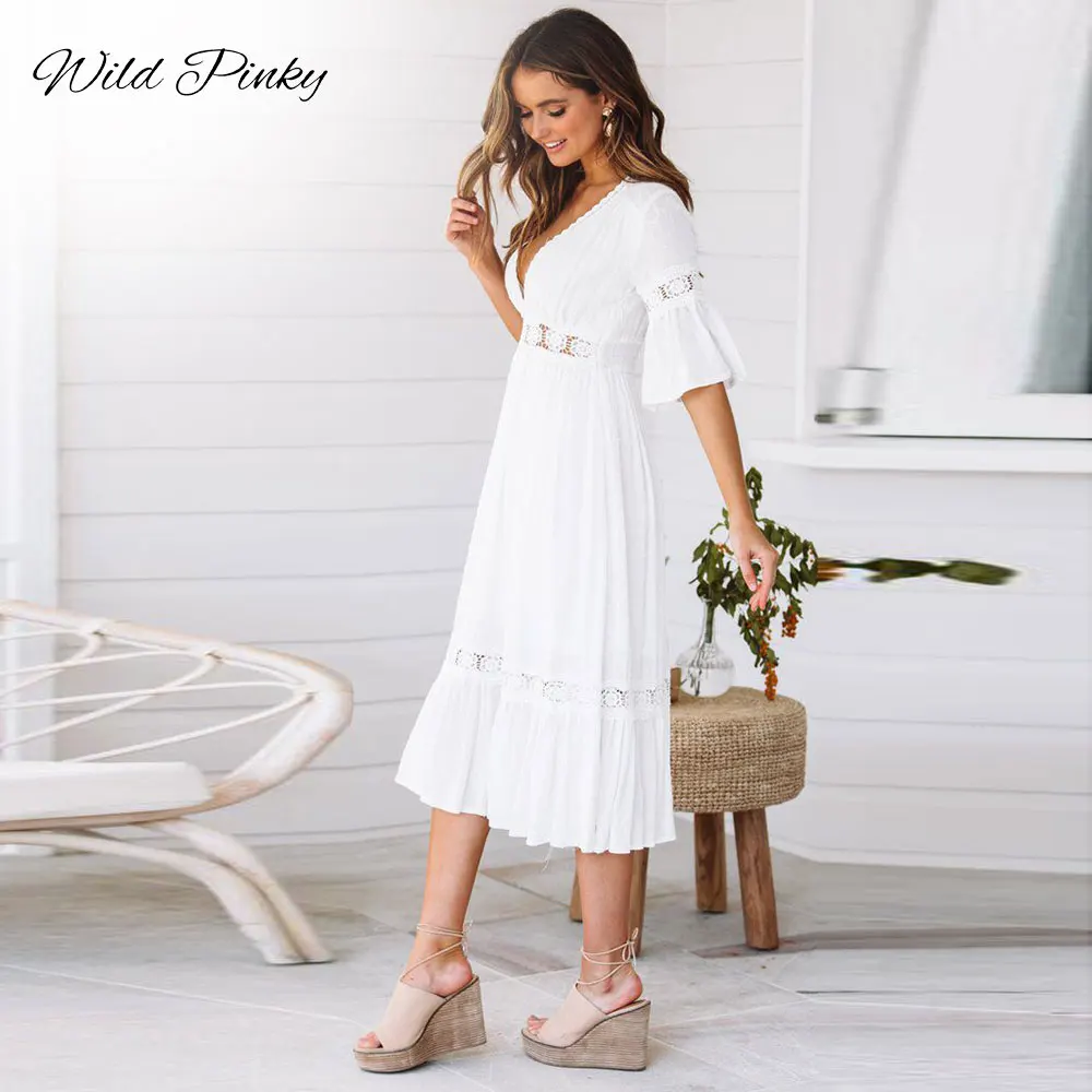 WildPinky New White Lace Up Long Sexy Dress Women Summer V-neck Hollow Out Party Bohemian Dress Casual Feminino Dresses Vestidos