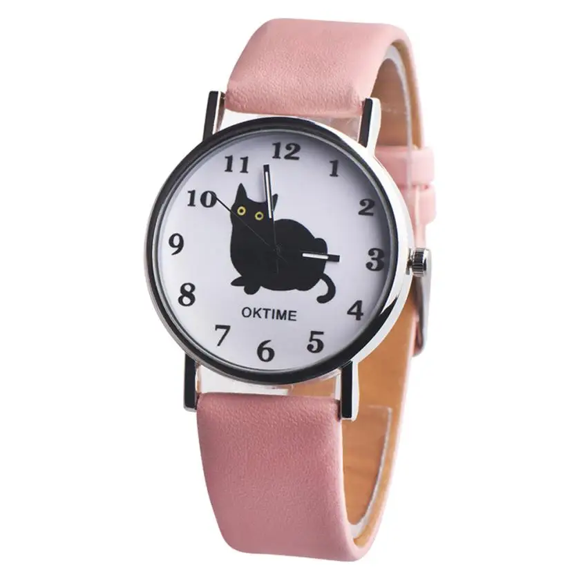 

2018 new alloy OKTIME buckle Womens Cute Cat Faux Leather Analog Quartz Watch c831