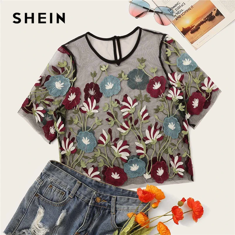

SHEIN Flower Embroidered Mesh Keyhole Back Top Sexy Women Clothing Crop Top 2019 Short Sleeve Summer Womens Tops and Blouses