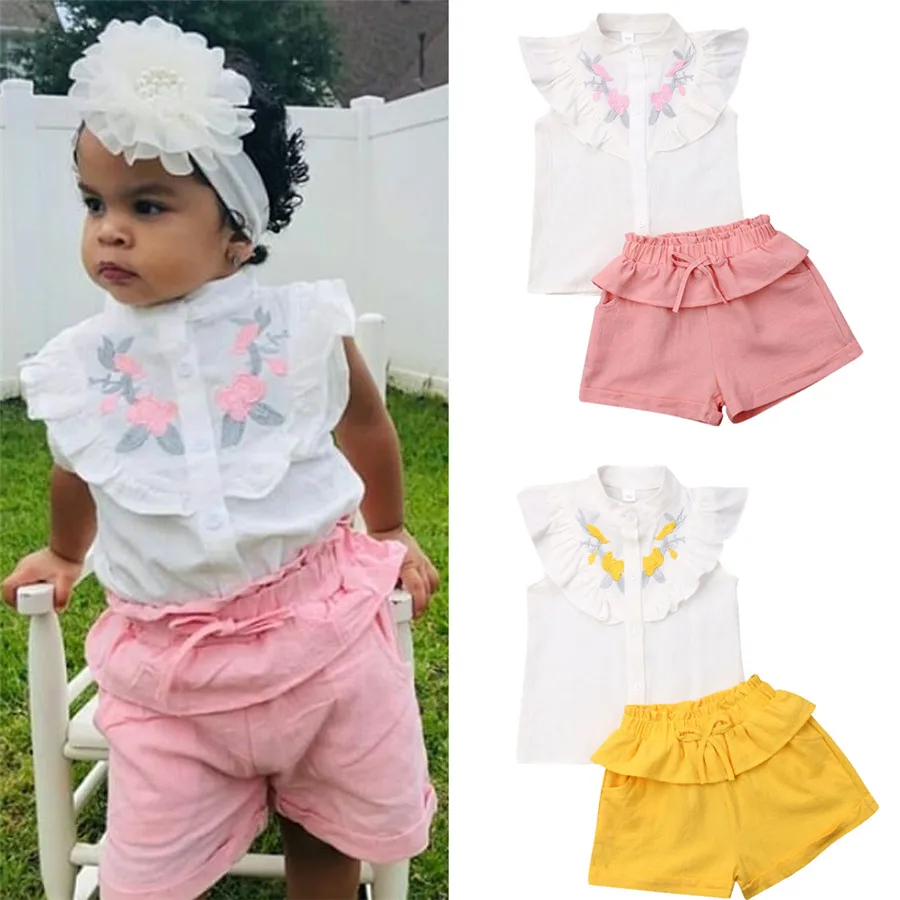 

Kids Baby Girl 2pcs Cotton Princess Flying Sleeve Embroidery Floral Tops Shirt Pink Short Pants Legging Outfits Clothes Summer