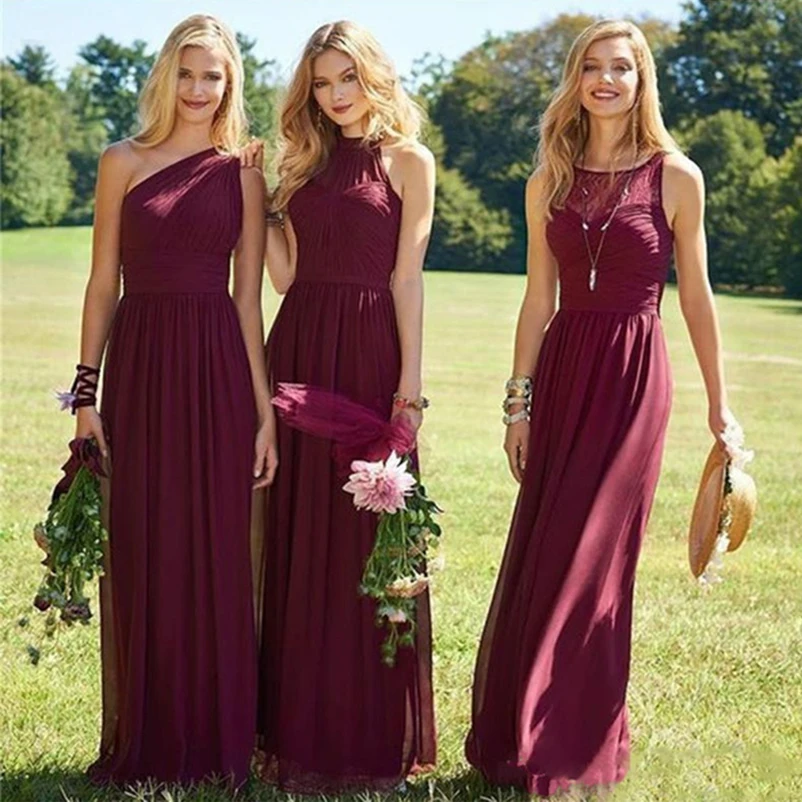 

Burgundy Bridesmaid Dresses Chiffon Boho 3 Kinds Neckline Floor Length Long Junior Maid of Honor Wedding Party Guest Gown 2019