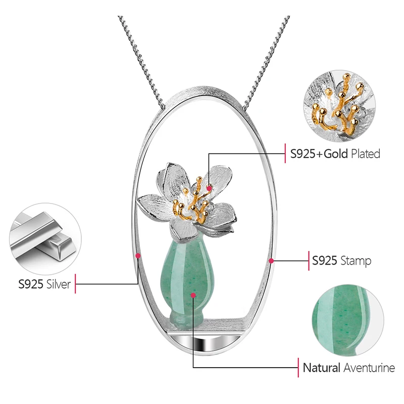Lotus Fun Real 925 Sterling Silver Natural Aventurine Handmade Fine Jewelry Lotus Whispers Vase Pendant without Necklace Women