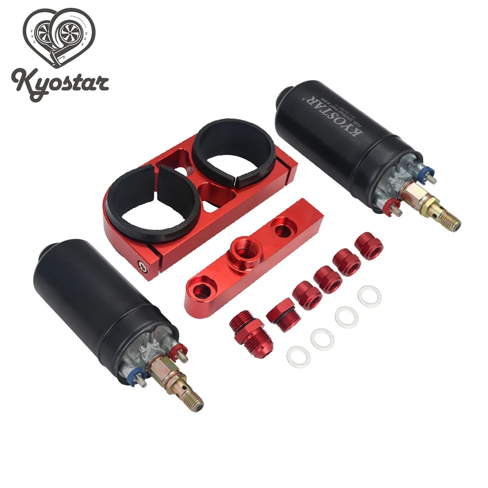 

2 Dual 044 High Flow External Fuel Pump + Dual Mounting Bracket & Out Manifold Universal Aluminum AN6 Black Blue Silver Red