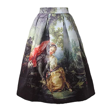 

50s Princess Royal Vintage Retro Skirt 2019 Women Fantasy Oil Painting Floral Print High Waist Pleated Midi Skirt Saia Femininas
