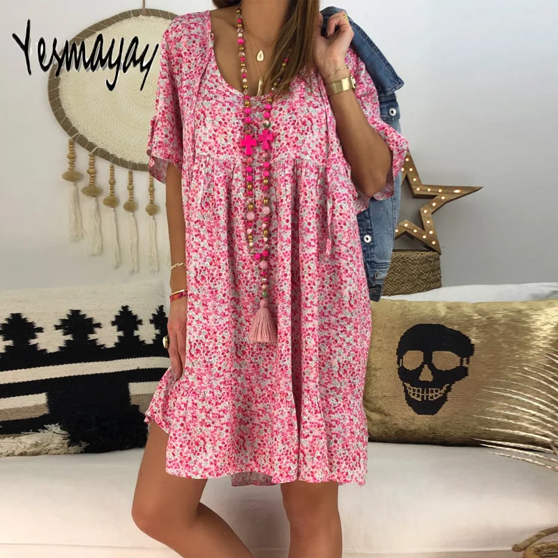 

Oversize Beach Summer Dress Women Plus Size 5XL Print Sexy O-neck Women Dress Elegant Women Dresses Knee Length Robe Femme 2019