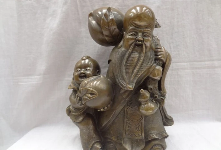 

USPS to USA S1284 13" Chinese Bronze Shou Star Peach Longevity God ShouHsing Kid Gourd Statue B0401