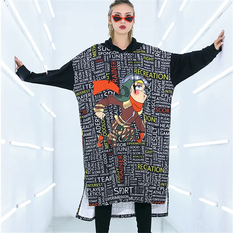 

New 2019 Spring Autumn Dress Women Clothes Loose Large Size Small Letters Cartoon Print Hooded Batwing Sleeve Long Dresses