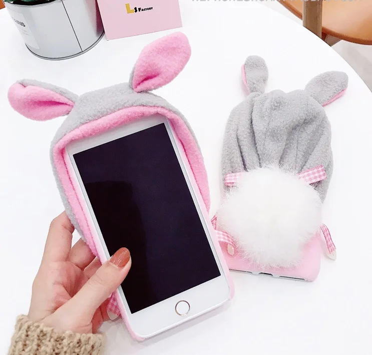 

For iphone 7 /7plus /8 plus case Cute plush rabbit ear cap cover for iphone 6 6splus Warm Plush Fluffy pet case super cute