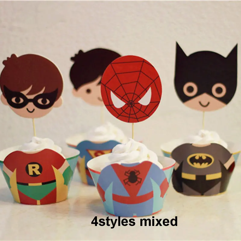 Милые Мстители, паук Бэтмэн, герои, этикетки, бумажные обертки для кексов и топперов, украшения для дня рождения, Детские принадлежности для душа - Цвет: 4mixed