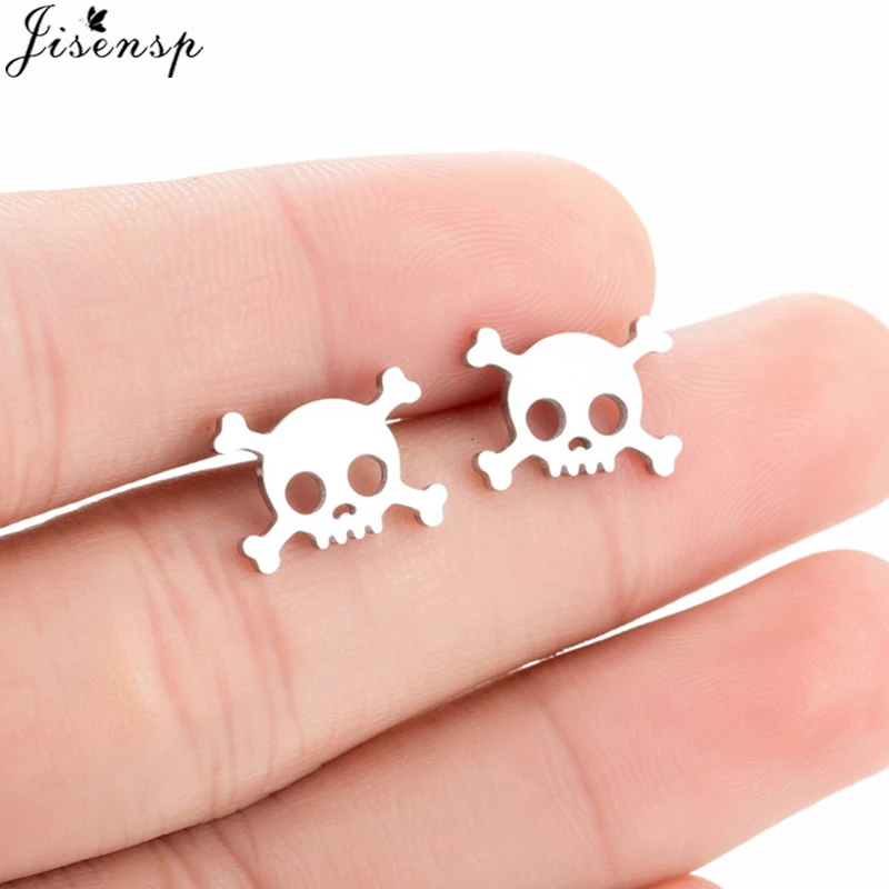 Jisensp Unique Pirate Skull Earrings Skeleton Stainless Steel Stud