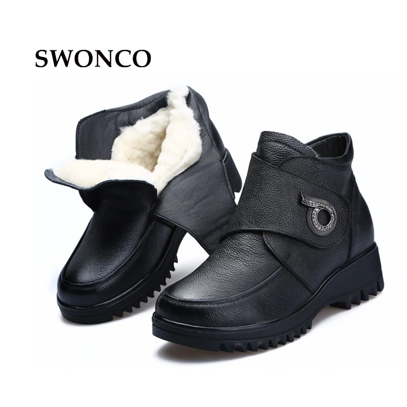 

SWONCO Woman Snow Boots Rhinestone Hook & Loop Mother Winter Boot Women Genuine Leather Black Ankle Boots For Women Shoes