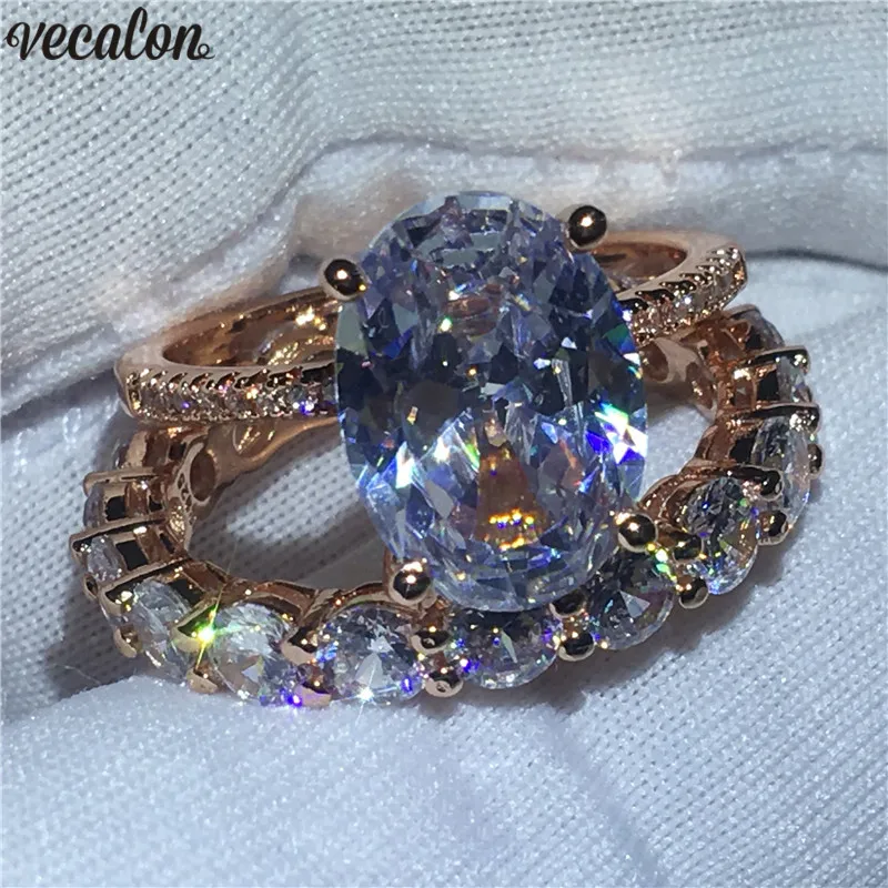 

Vecalon Party Finger Ring set Rose Gold Filled 925 silver oval cut 5A Zircon Cz Party Wedding rings for women Fashion Jewelry