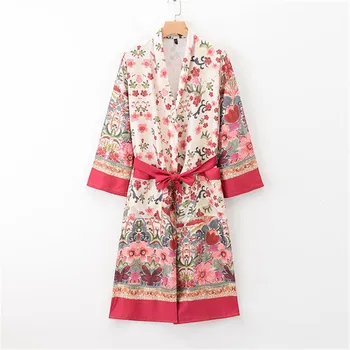 

Women elegant floral print kimono Jacket open stitch sashes long sleeve outerwear ladies casual long tops