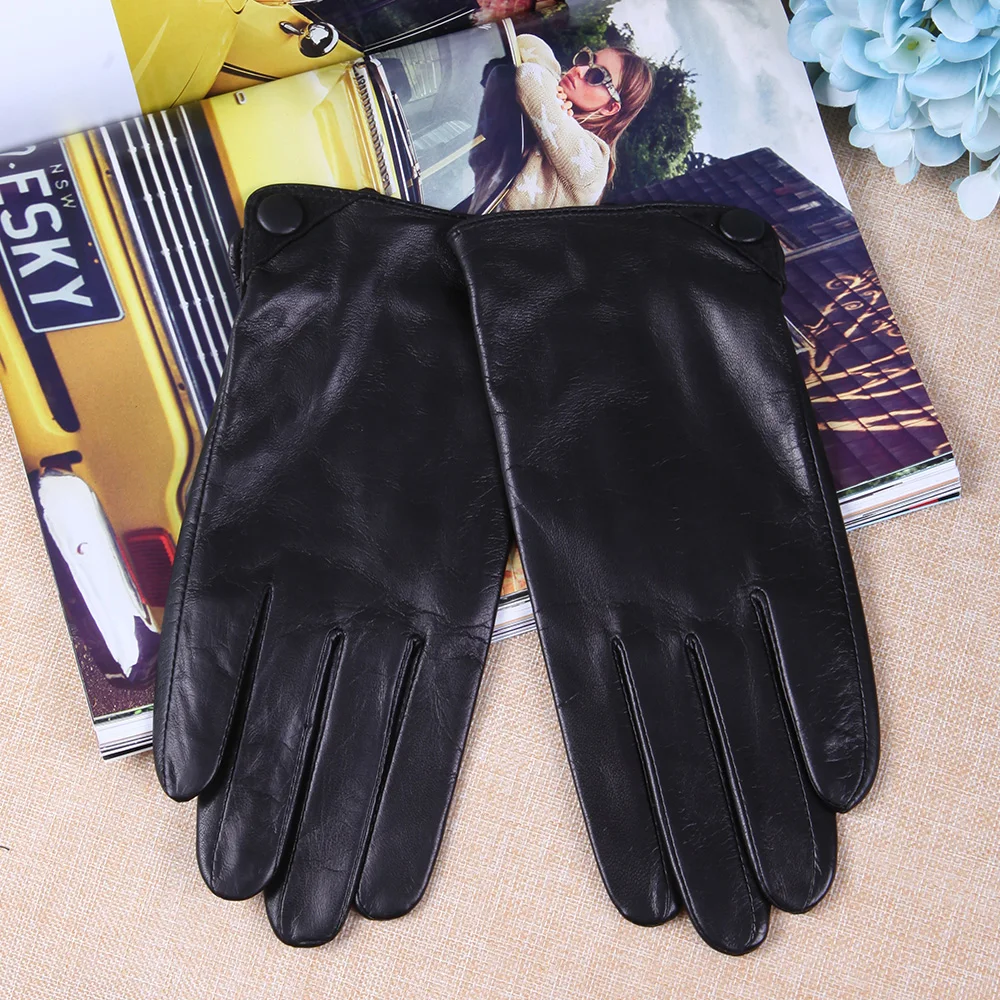 New Stylish Sheepskin Gloves Male Autumn Winter Thermal Genuine Leather Five Fingers Touchscreen Black Men Mittens TM27001