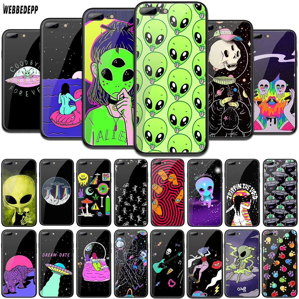 

WEBBEDEPP Aliens UFO Tempered Glass TPU Cover for Apple iPhone 6 6S 7 8 Plus 5 5S SE XR X XS 11 Pro MAX Case