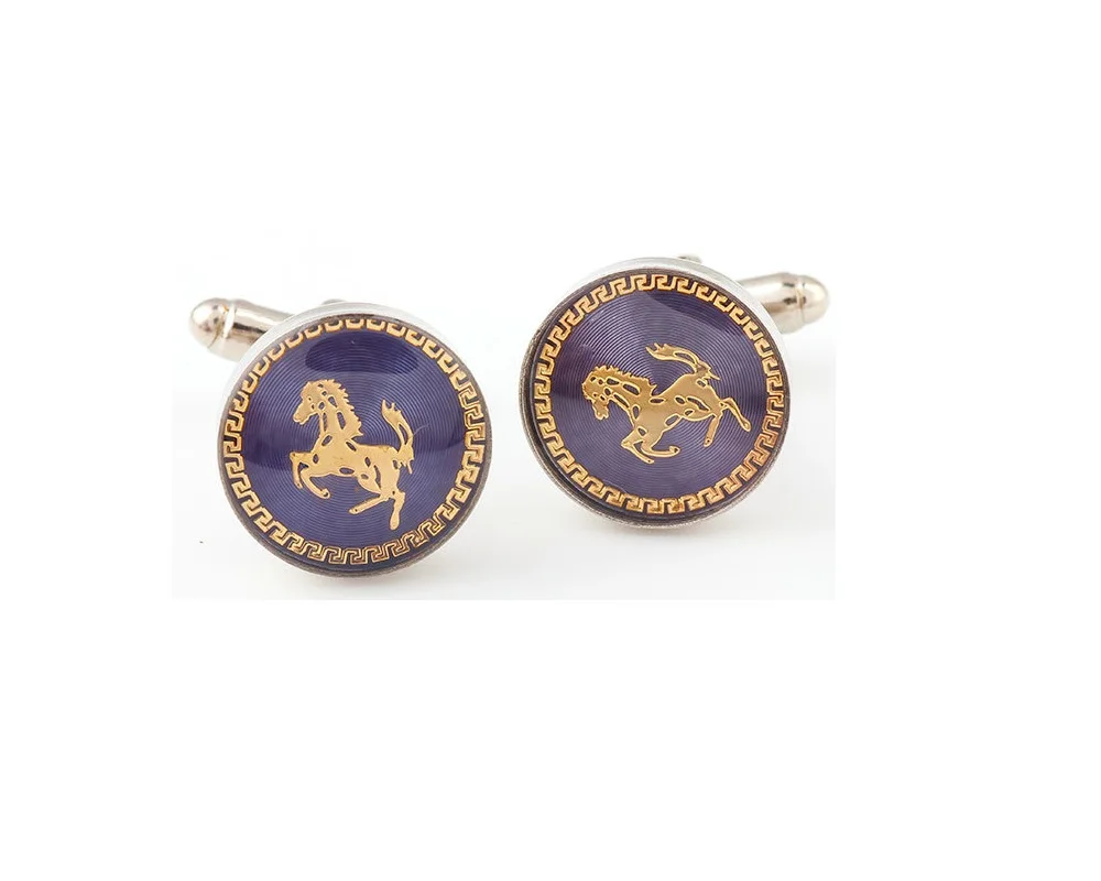 

Round Blue Golden Horse Men's Cufflinks French Style Suit Cufflinks for Men