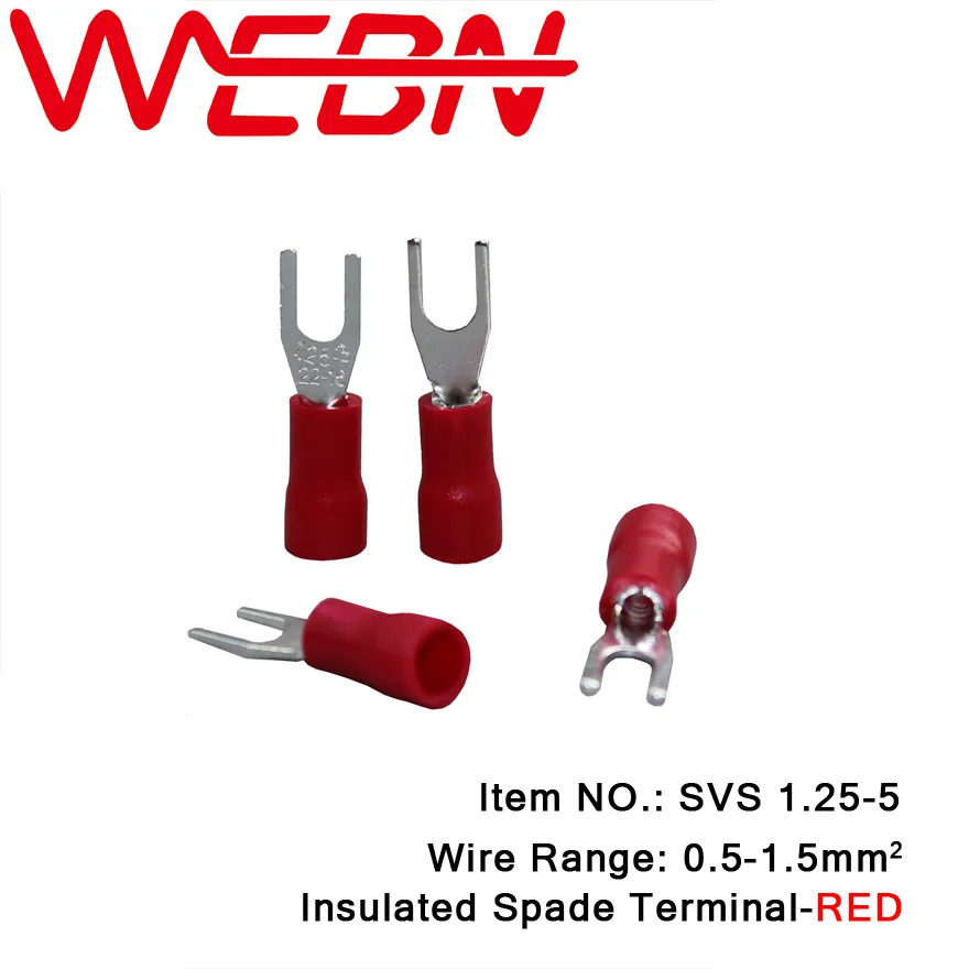

SVS1.25-5 Crimping Insulated Spade Terminal Fork Type Copper&PVC Material Red for Wire Range 0.5-1.5mm2 22-16 AWG 1000pcs/Pack