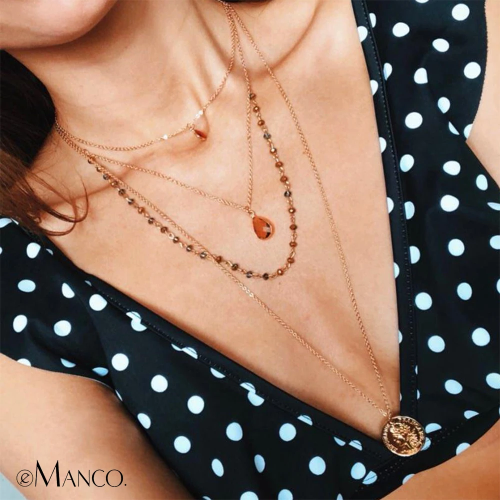 eManco Multi Layered Necklace Crystal Beads Chain Vintage Old Coin pendant necklace New Arrivals For Women Fashion Jewelry