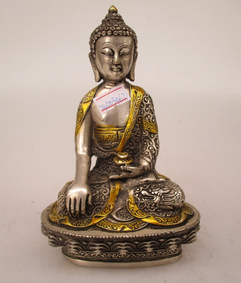 Collectible Decorated Old Handwork Tibet Silver Carved Trunk Buddha Statue