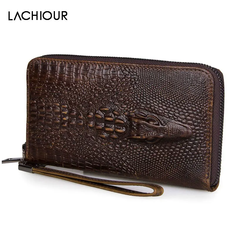 

Lachiour Long Genuine Leather Wallet Men Vintage Hand Clutch Purse Male Large Wristlet Bag Cowhide Leather Zipper Phone Bags