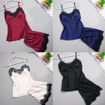

Women Sleepwear Sleeveless soft and comfortable Strap Nightwear Lace Trim Satin Cami Top Pajama Sets L50/0111