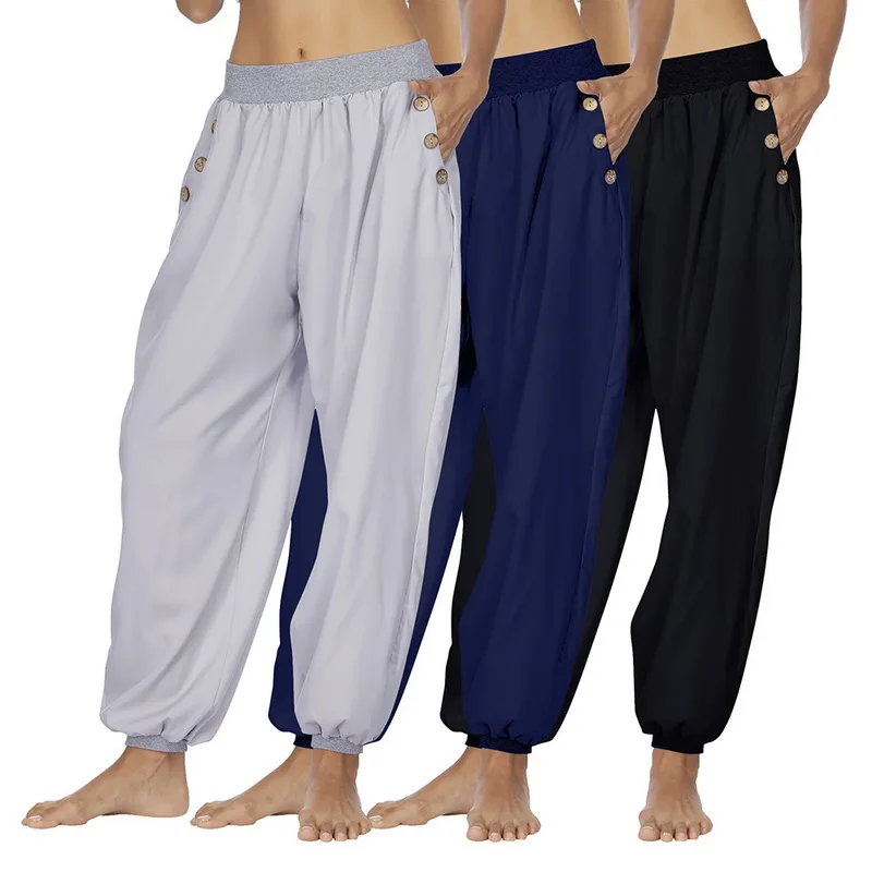 

HEFLASHOR 2019 Women Summer Beach Harem Pants Women Casual Button Vintage Solid Pants Female Loose Wide Leg Fashion Trousers